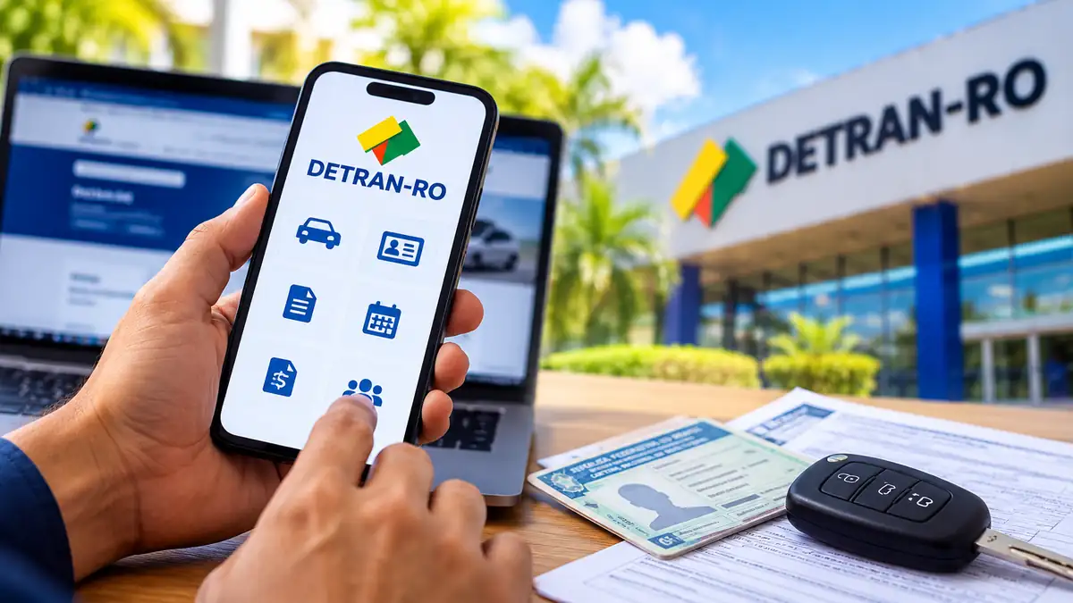 Detran-RO detalha consultas sem cadastro e serviços que exigem login Pessoa acessa serviços de trânsito no celular, com computador e documentos de veículo ao fundo