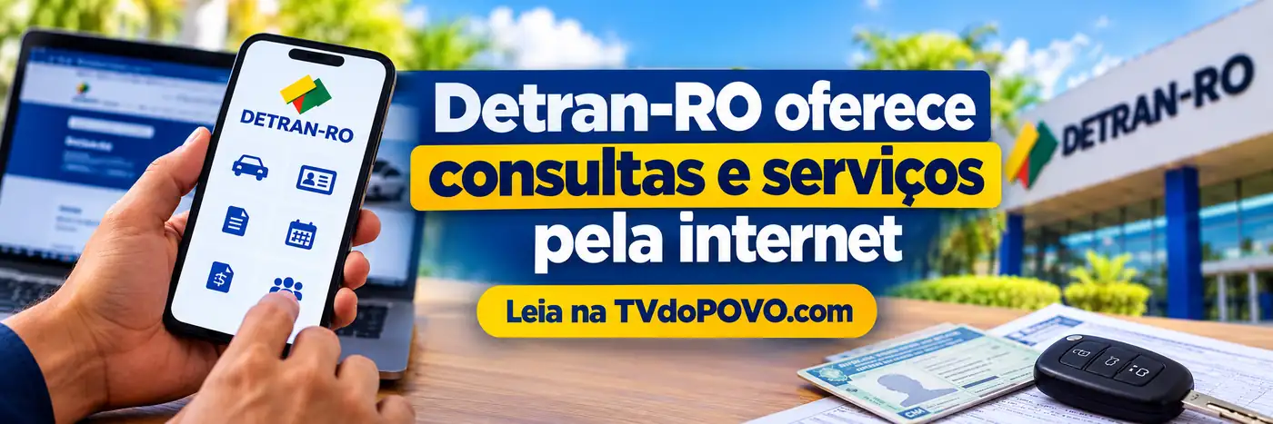 Central de Serviços do Detran-RO: consultas e serviços pela internet Central de Serviços do Detran-RO: faixa ilustrativa sobre consultas de veículos e serviços de CNH pela internet, com assinatura Leia na TVdoPOVO.com