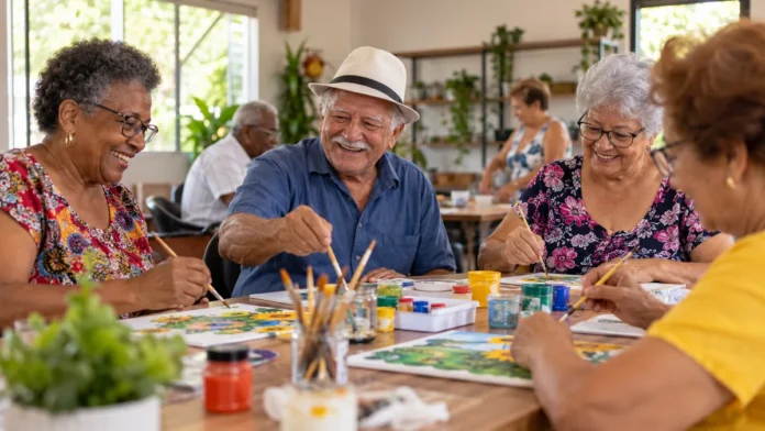 Pessoas idosas participam de oficina de pintura em cena ilustrativa sobre os direitos da pessoa idosa e os serviços de convivência em Porto Velho.