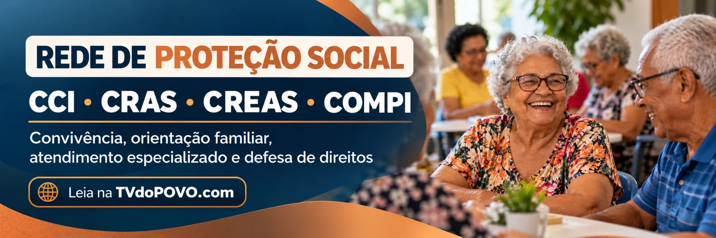 Arte ilustrativa da rede de proteção social à pessoa idosa, com CCI, CRAS, CREAS e COMPI e imagem de convivência comunitária