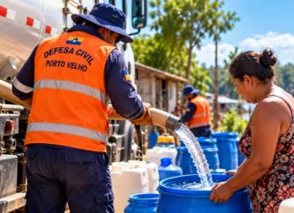 Defesa Civil já entregou mais de 180 mil litros e prepara ações no Baixo Madeira Distribuição de água em Porto Velho representada por imagem ilustrativa de trabalhador abastecendo recipiente azul com caminhão-pipa durante a estiagem.