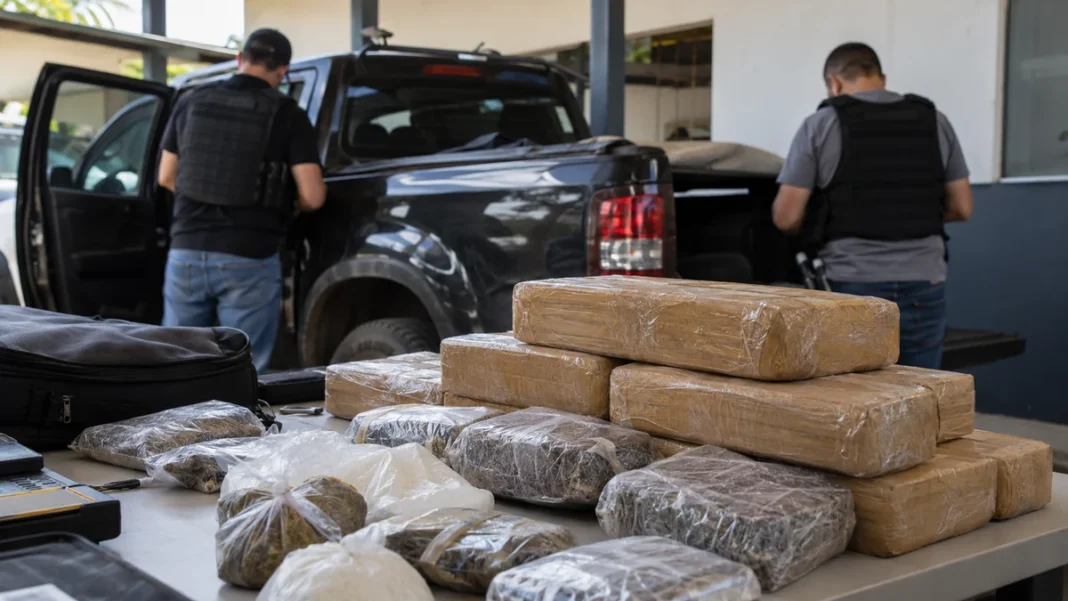 Polícia Civil apreende 244 kg de drogas em Nova Mamoré Cena ilustrativa de materiais apreendidos em operação policial relacionada às drogas em Nova Mamoré, onde a Polícia Civil recolheu aproximadamente 244 quilos de entorpecentes.