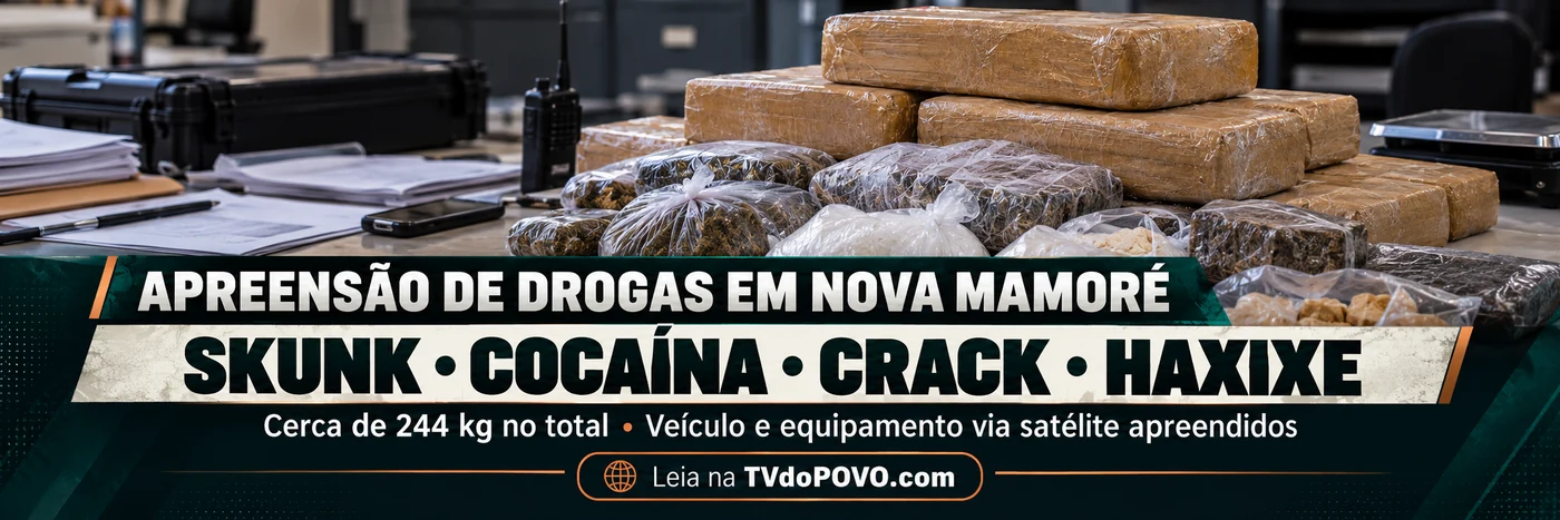 Arte ilustrativa sobre apreensão de drogas em Nova Mamoré, com skunk, cocaína, crack e haxixe citados pela Polícia Civil