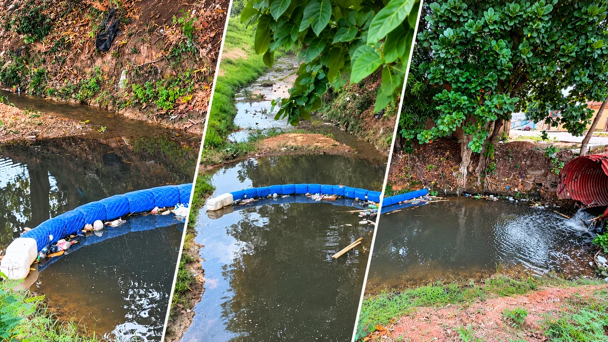 Ecobarreira retira quase 50 kg de lixo do igarapé Belmont em Porto Velho ecobarreira igarapé Belmont em Porto Velho, em composição editorial com três fotografias da barreira flutuante no curso de água