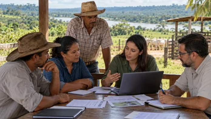 Agricultores familiares recebem orientação sobre projetos rurais Agricultores familiares e representantes comunitários participam de reunião rural ilustrativa sobre o edital do MDA para projetos na Região Norte.