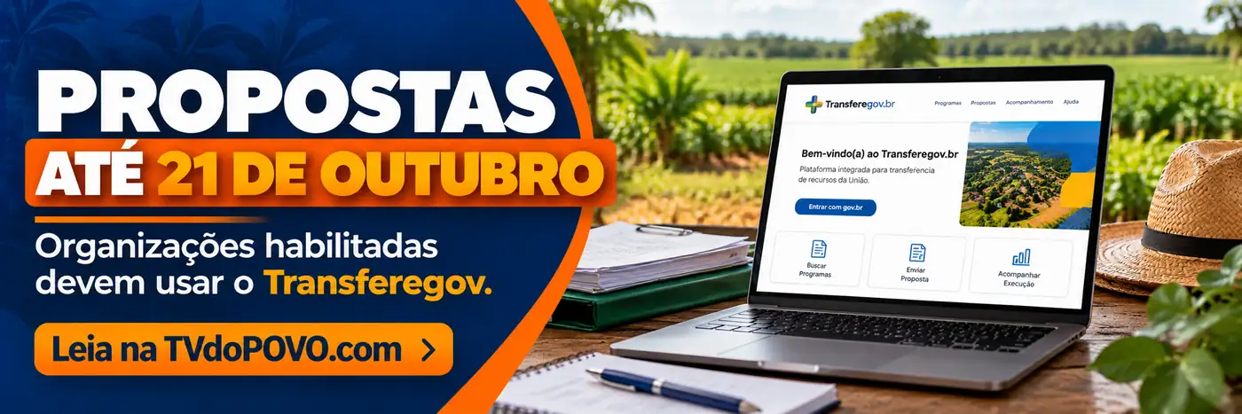 Faixa informativa sobre o prazo de propostas do edital do MDA, com notebook ilustrativo e orientação para organizações habilitadas usarem o Transferegov.