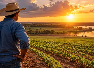 El Niño no agro: veja 6 cuidados para produtores de Rondônia Produtor observa lavoura com irrigação em imagem ilustrativa sobre El Niño no agro em Rondônia