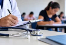 Exames ginecológicos suspensos em concurso de Governador Jorge Teixeira Exames ginecológicos em concurso: composição ilustrativa de profissional de saúde com documentos e candidatas em ambiente de prova