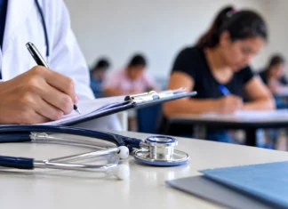 Exames ginecológicos suspensos em concurso de Governador Jorge Teixeira Exames ginecológicos em concurso: composição ilustrativa de profissional de saúde com documentos e candidatas em ambiente de prova