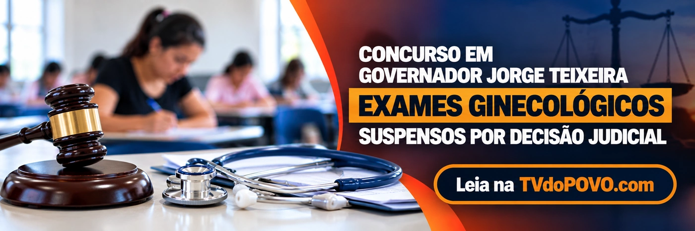 Exames ginecológicos em concurso: faixa ilustrativa de decisão judicial provisória em Governador Jorge Teixeira, com malhete e estetoscópio
