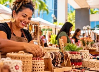 Feira Mulher do Norte será dia 29 na Defensoria em Porto Velho Feira Mulher do Norte em Porto Velho ilustrada por empreendedora organizando artesanato e acessórios em uma feira ao ar livre