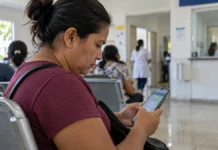 Pacientes de Ji-Paraná podem consultar posição na fila da saúde pelo WhatsApp Mulher consulta mensagens pelo celular em sala de espera de unidade de saúde, em imagem ilustrativa sobre a fila da saúde em Ji-Paraná, Rondônia.