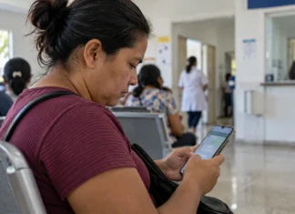 Pacientes de Ji-Paraná podem consultar posição na fila da saúde pelo WhatsApp Mulher consulta mensagens pelo celular em sala de espera de unidade de saúde, em imagem ilustrativa sobre a fila da saúde em Ji-Paraná, Rondônia.
