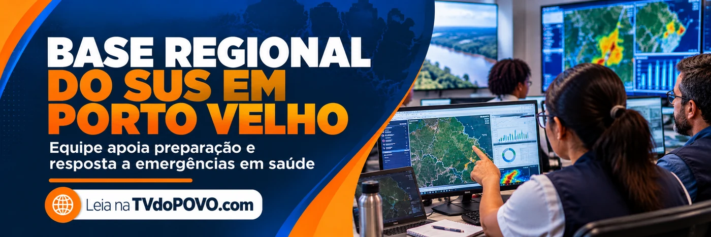 Faixa editorial sobre a Força Nacional do SUS em Porto Velho com profissionais em sala ilustrativa de coordenação de emergências
