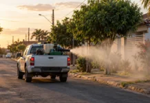 Vilhena aplica fumacê em sete bairros; confira as áreas atendidas Veículo de fumacê em Vilhena representado em cena ilustrativa de aplicação de inseticida em rua residencial.