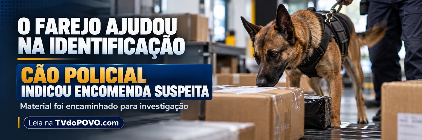 Arte ilustrativa mostra cão farejador durante inspeção de encomendas, relacionada à apreensão de haxixe em Porto Velho.