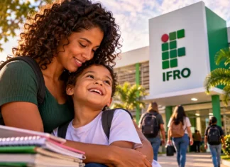 IFRO abre 180 vagas gratuitas para mães atípicas e cuidadoras em nove municípios de Rondônia Mãe e criança em composição editorial diante de unidade do IFRO para ilustrar cursos para mães atípicas em Rondônia