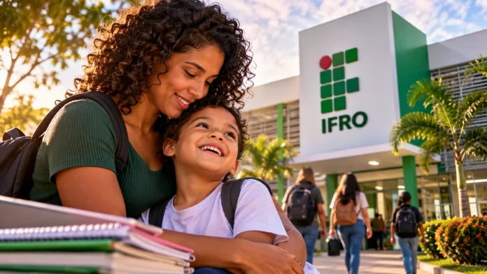 IFRO abre cursos para mães atípicas em Rondônia Mãe e criança em composição editorial diante de unidade do IFRO para ilustrar cursos para mães atípicas em Rondônia