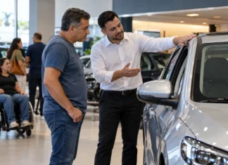 Taxistas e PcD têm benefício de ICMS mantido até dezembro em Rondônia Cliente e vendedor observam automóvel novo em concessionária, em imagem ilustrativa sobre a isenção de ICMS para veículos em Rondônia.