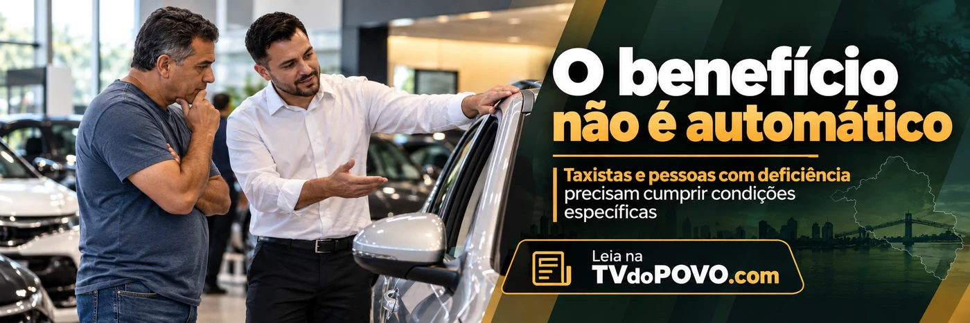Arte horizontal com cliente e vendedor em concessionária destaca que o benefício de ICMS para taxistas e pessoas com deficiência depende do cumprimento de condições específicas.