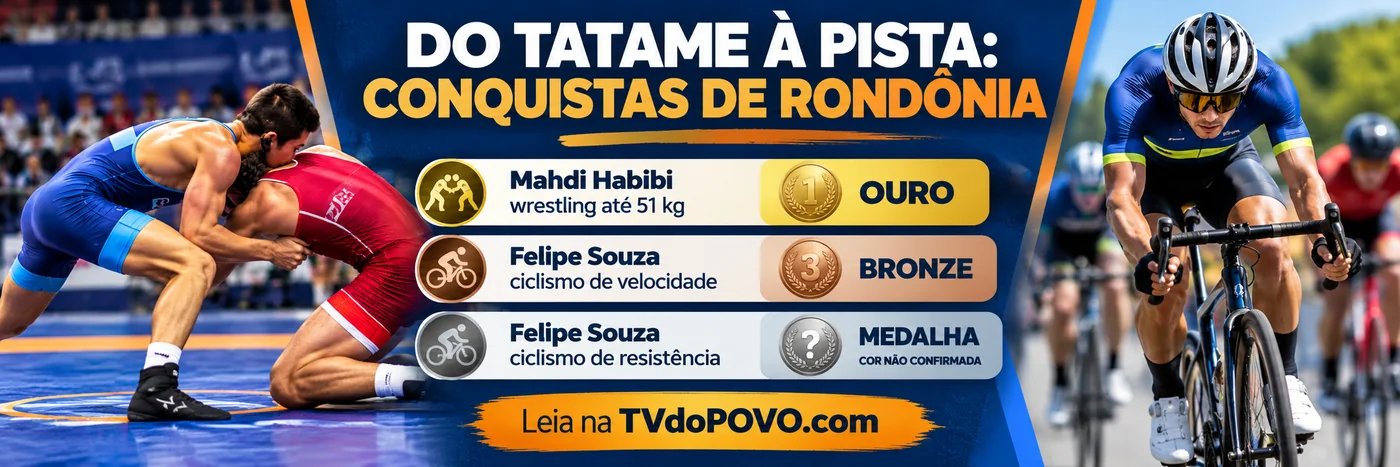 Infográfico dos Jogos da Juventude 2026 mostra ouro de Mahdi no wrestling até 51 kg, bronze de Felipe na velocidade e outra medalha na resistência