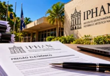 Iphan abre pregão de R$ 2,98 milhões para apoio em Rondônia Licitação do Iphan em Rondônia ilustrada com documentos de pregão eletrônico, notebook e fachada institucional fictícia