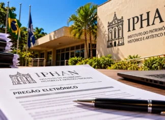 Iphan abre pregão de R$ 2,98 milhões para apoio em Rondônia Licitação do Iphan em Rondônia ilustrada com documentos de pregão eletrônico, notebook e fachada institucional fictícia