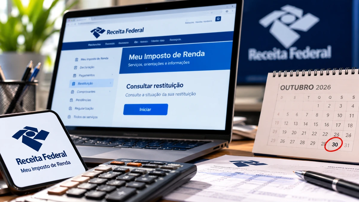 Lote do Imposto de Renda reúne 184 mil restituições; pagamento será dia 30 Lote residual do IRPF em composição ilustrativa de consulta da Receita Federal, com computador e calendário de outubro de 2026