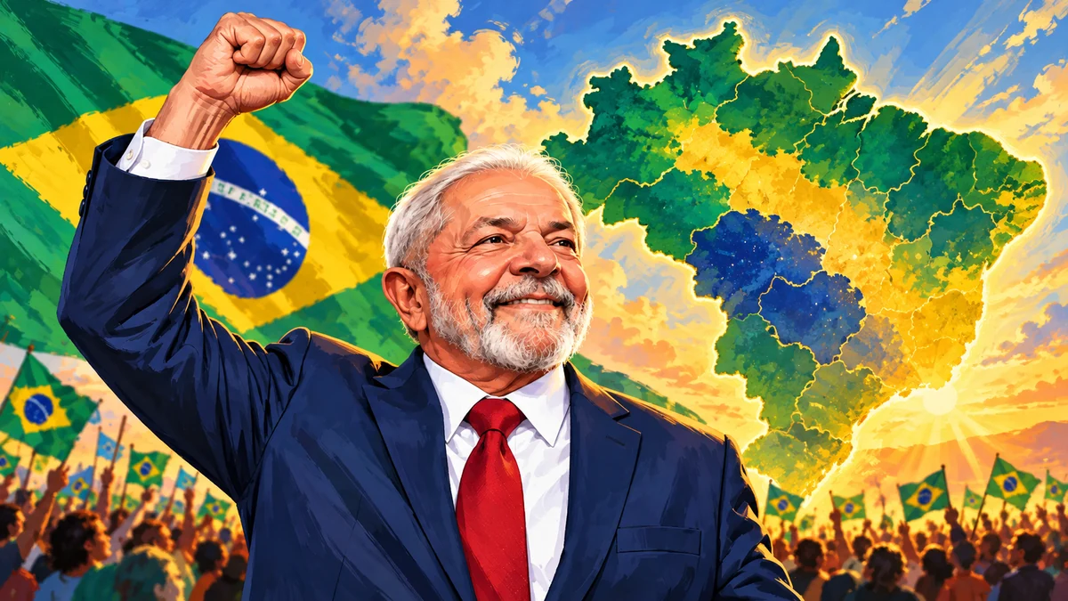 Lula é reeleito presidente para quarto mandato; Flávio lidera em RO Ilustração editorial de Lula com a bandeira e o mapa do Brasil, alusiva à reeleição presidencial de 2026
