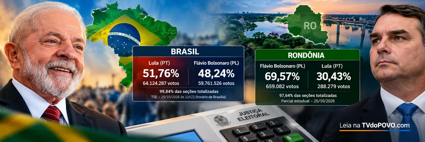 Brasil e Rondônia: contraste dos resultados presidenciais — TVdoPOVO Lula reeleito presidente em 2026: arte ilustrativa compara a vitória nacional e a liderança de Flávio Bolsonaro na parcial de Rondônia