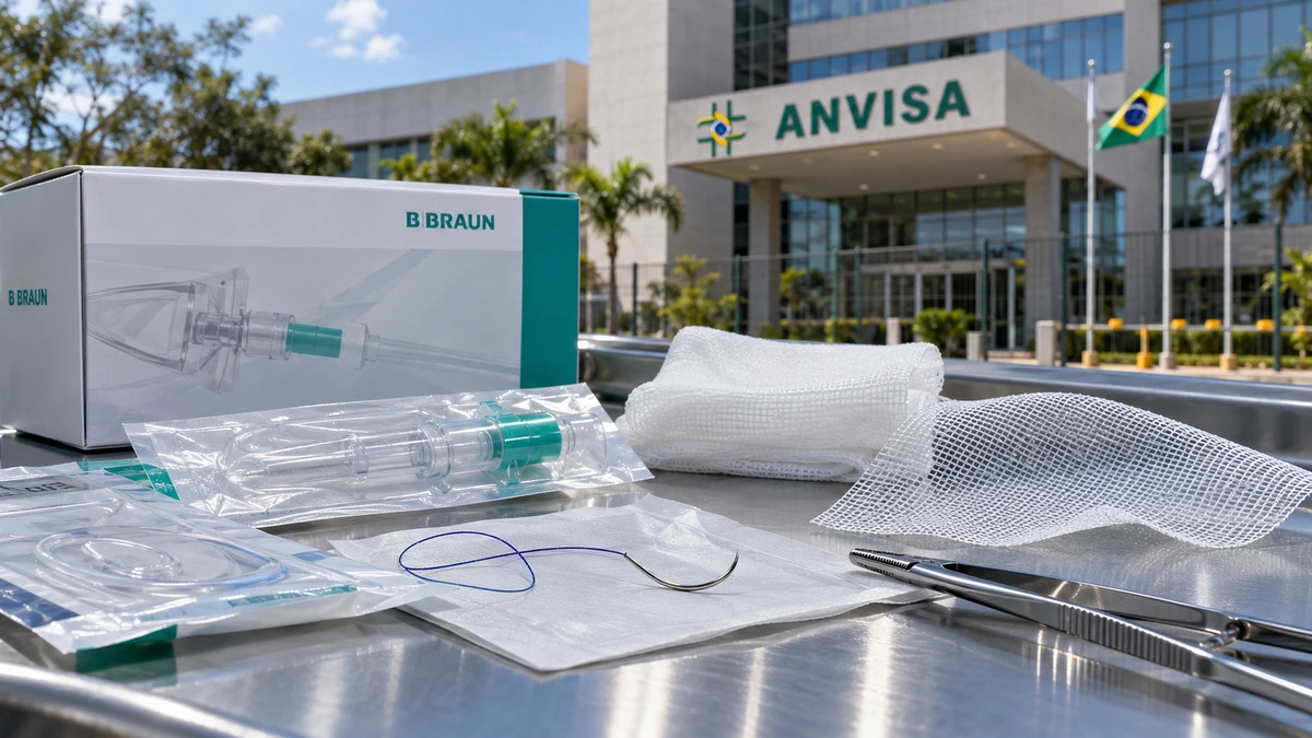 Materiais cirúrgicos da B. Braun: o que se sabe sobre nova restrição Materiais cirúrgicos da B. Braun em composição ilustrativa com gazes, suturas e embalagens diante de edifício alusivo à Anvisa