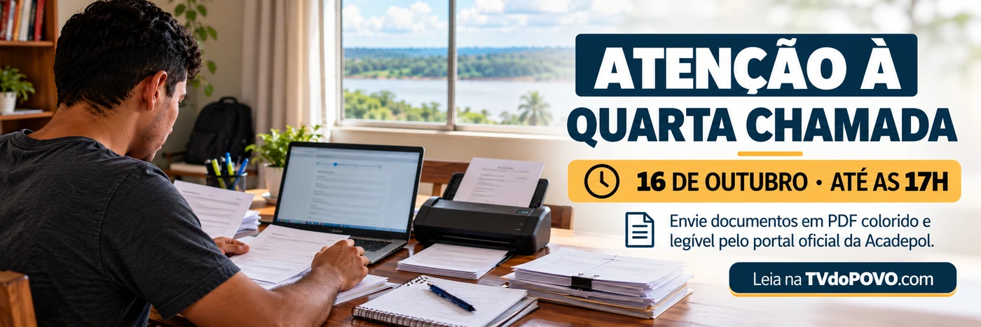 Faixa informativa mostra prazo até 17h de Rondônia e orienta envio de documentos em PDF colorido e legível pela Acadepol