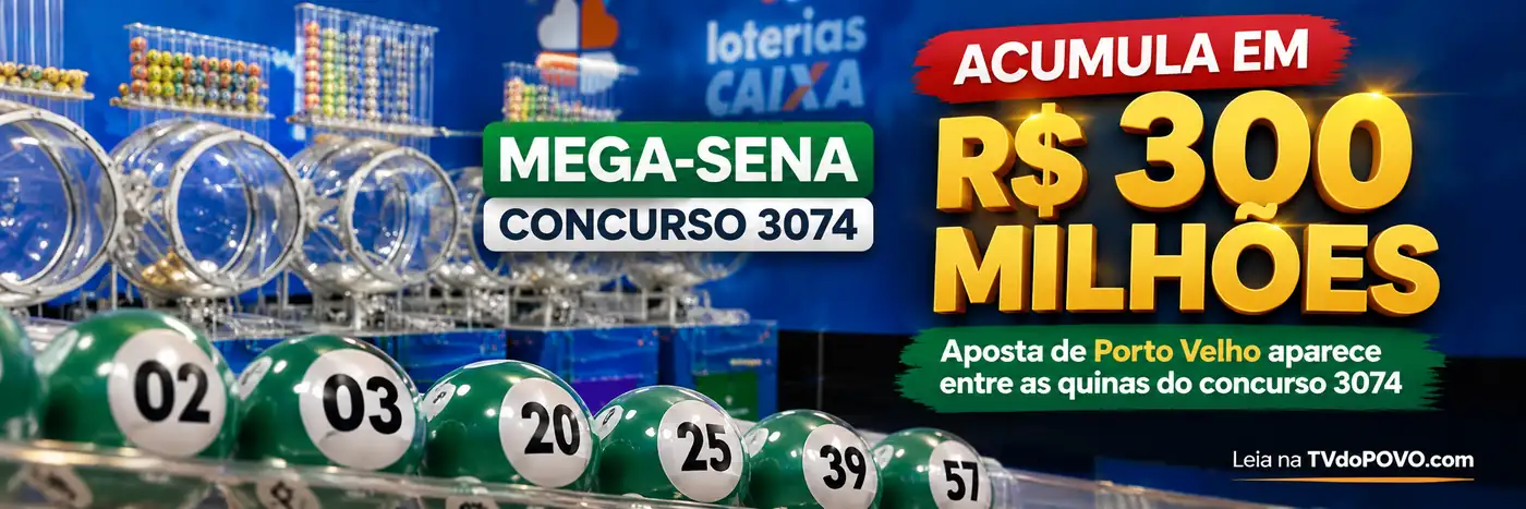 Mega-Sena 3074 — faixa editorial Faixa ilustrativa da Mega-Sena 3074 com dezenas e prêmio estimado em R$ 300 milhões
