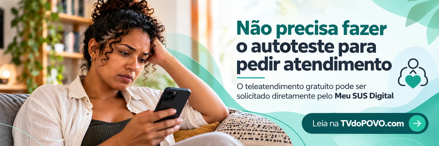 Faixa editorial informa que não é necessário fazer o autoteste para solicitar teleatendimento gratuito pelo Meu SUS Digital.