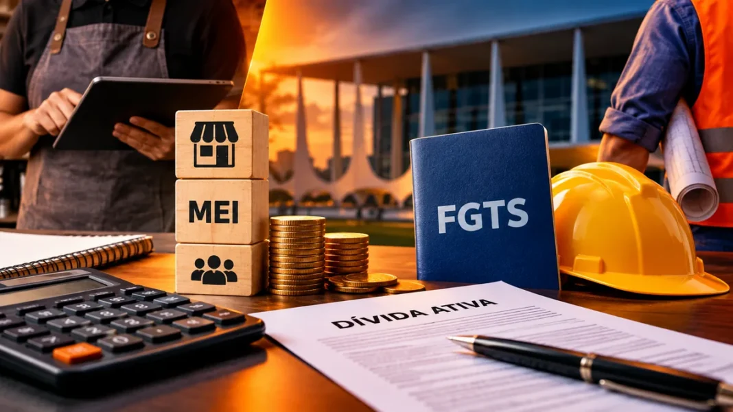 Negociação PGFN para MEI e FGTS com documentos, calculadora e itens de trabalho