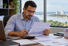 Receita Federal recebe pedidos de negociação tributária até 30 de outubro; veja quem pode aderir em Rondônia Profissional analisa documentos financeiros em escritório, em imagem ilustrativa sobre negociação tributária da Receita Federal para contribuintes de Rondônia.