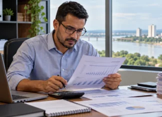 Receita Federal recebe pedidos de negociação tributária até 30 de outubro; veja quem pode aderir em Rondônia Profissional analisa documentos financeiros em escritório, em imagem ilustrativa sobre negociação tributária da Receita Federal para contribuintes de Rondônia.
