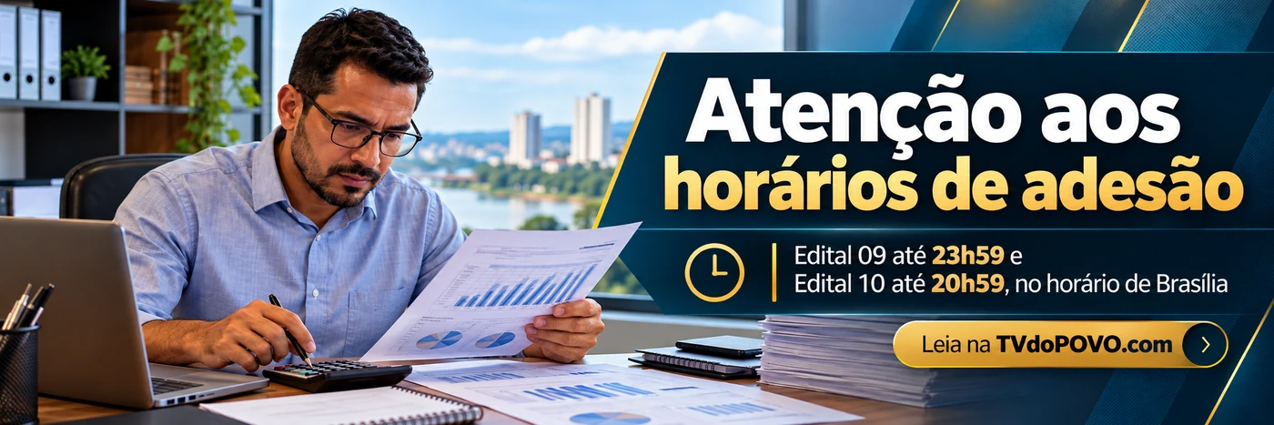 Faixa editorial informa horários de adesão à adesão aos editais da Receita Federal, com Edital 09 até 23h59 e Edital 10 até 20h59 no horário de Brasília.