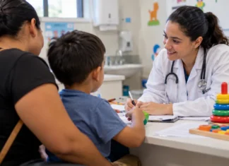 Porto Velho atende 40 crianças em ação para avançar diagnósticos e laudos neste sábado Neuropediatria em Porto Velho atende criança em consulta pediátrica com acompanhante