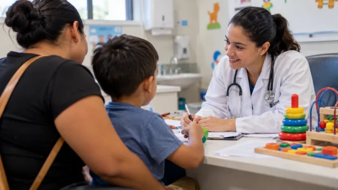 Neuropediatria em Porto Velho atende criança em consulta pediátrica com acompanhante