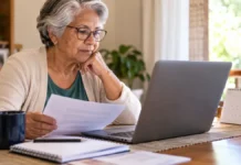 INSS começa pagamentos de outubro no dia 26; veja calendário completo por final Mulher idosa consulta documentos e notebook em casa, em imagem ilustrativa sobre o pagamento do INSS de outubro de 2026.