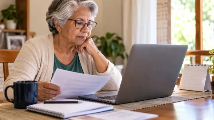Beneficiária consulta calendário de pagamentos do INSS Mulher idosa consulta documentos e notebook em casa, em imagem ilustrativa sobre o pagamento do INSS de outubro de 2026.