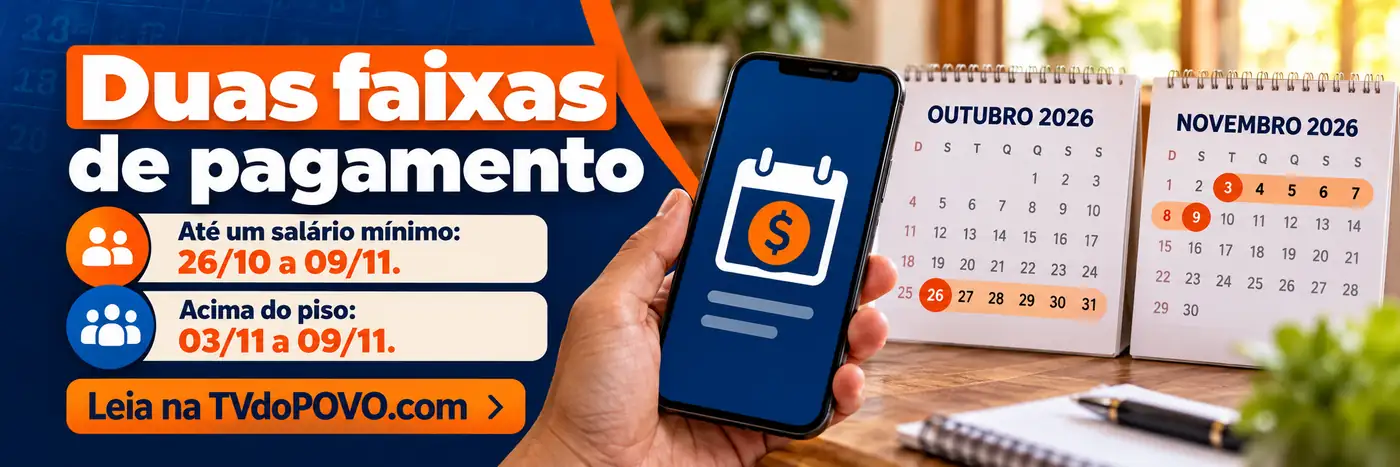 Faixa informativa diferencia o período de pagamentos do INSS para benefícios de até um salário mínimo e acima do piso, entre outubro e novembro de 2026.