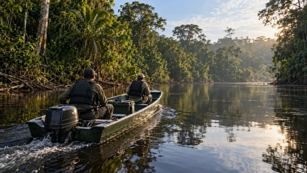 Patrulhamento fluvial e proteção ambiental no Vale do Guaporé Patrulhamento fluvial ilustrado por uma embarcação com dois agentes navegando entre margens de floresta amazônica no Vale do Guaporé.
