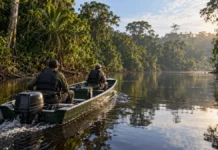 Patrulhamento fluvial busca prevenir pesca predatória no Vale do Guaporé Patrulhamento fluvial ilustrado por uma embarcação com dois agentes navegando entre margens de floresta amazônica no Vale do Guaporé.