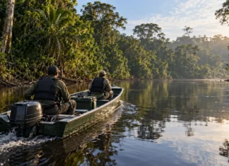 Patrulhamento fluvial busca prevenir pesca predatória no Vale do Guaporé Patrulhamento fluvial ilustrado por uma embarcação com dois agentes navegando entre margens de floresta amazônica no Vale do Guaporé.