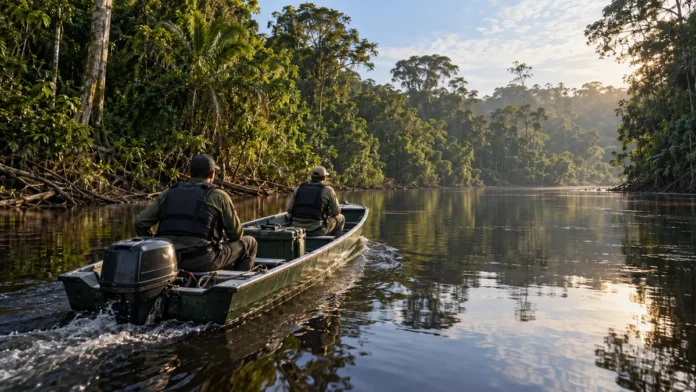 Patrulhamento fluvial e proteção ambiental no Vale do Guaporé Patrulhamento fluvial ilustrado por uma embarcação com dois agentes navegando entre margens de floresta amazônica no Vale do Guaporé.