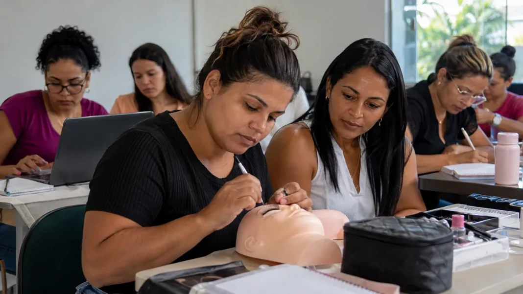 IFRO abre 180 vagas gratuitas para mães atípicas em Rondônia Alunas participam de atividade prática em curso de qualificação do IFRO, em imagem usada na capa da matéria sobre o projeto PCD+ Mães Atípicas.