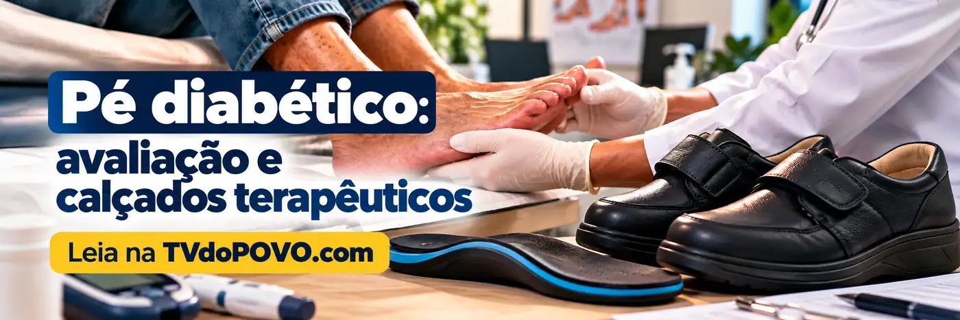 Faixa editorial mostra avaliação do pé e calçados terapêuticos usados no cuidado do pé diabético