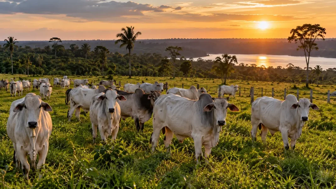 Rebanho bovino em pastagem rural de Porto Velho Rebanho de Porto Velho representado por bovinos de corte em pastagem rural com vegetação amazônica ao entardecer.